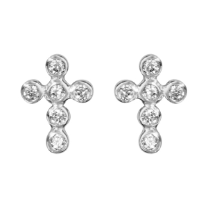 BOUCLES D'OREILLES TIGE ARGENT RHODIÉ CROIX SERTI CLOS OXYDES BLANCS