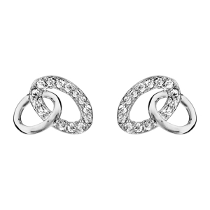 BOUCLES D'OREILLES TIGE ARGENT RHODIÉ 2 OVALES ENTREMELES OXYDES BLANCS SERTIS