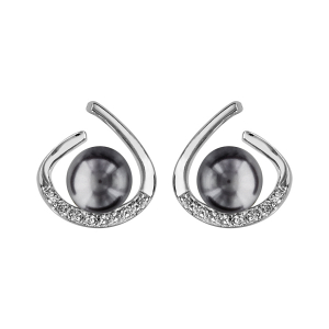 BOUCLES D'OREILLES TIGE ARGENT RHODIÉ PERLE SYHNT GRISE AVEC OXYDES BLANCS SERTIS