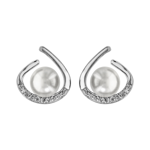 BOUCLES D'OREILLES TIGE ARGENT RHODIÉ PERLE SYNTHETIQUE BLANCHE AVEC OXYDES BLANCS SERTIS