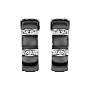 BOUCLES D'OREILLES TIGE ARGENT RHODIÉ MASSIF DEMI CRÉOLES CERAMIQUE NOIRE 2 BARETTES OXYDES MICRO SERTIS BLANCS