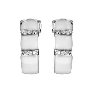 BOUCLES D'OREILLES TIGE ARGENT RHODIÉ MASSIF DEMI CRÉOLES CERAMIQUE BLANCHE 2 BARETTES OXYDES MICRO SERTIS BLANCS