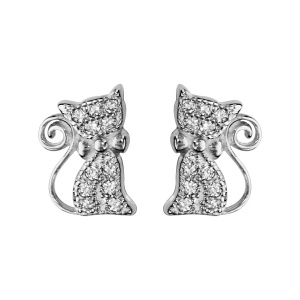 BOUCLES D'OREILLES TIGE ARGENT RHODIÉ CHAT OXYDES BLANCS SERTIS