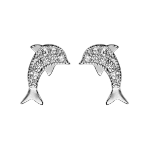 BOUCLES D'OREILLES TIGE ARGENT RHODIÉ DAUPHIN OXYDES BLANCS SERTIS