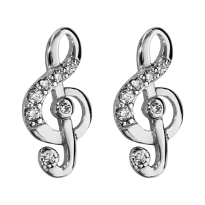 BOUCLES D'OREILLES TIGE ARGENT RHODIÉ CLEF DE SOL OXYDES BLANCS SERTIS