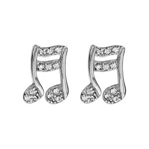 BOUCLES D'OREILLES TIGE ARGENT RHODIÉ NOTE DE MUSIQUE OXYDES BLANCS SERTIS