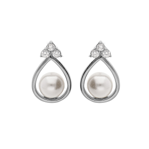 BOUCLES D'OREILLES TIGE ARGENT RHODIÉ FORME GOUTTE AVEC PERLE SYNTHETIQUE GRISE ET 3 OXYDES BLANCS SERTIS