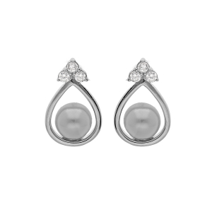 BOUCLES D'OREILLES TIGE ARGENT RHODIÉ FORME GOUTTE AVEC PERLE SYNTHETIQUE GRISE ET 3 OXYDES BLANCS SERTIS