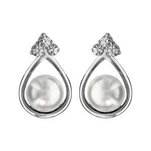 BOUCLES D'OREILLES TIGE ARGENT RHODIÉ FORME GOUTTE AVEC PERLE SYNTHETIQUE BLANCHE ET 3 OXYDES BLANCS SERTIS