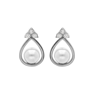 BOUCLES D'OREILLES TIGE ARGENT RHODIÉ FORME GOUTTE AVEC PERLE SYNTHETIQUE BLANCHE ET 3 OXYDES BLANCS SERTIS