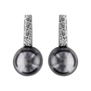 BOUCLES D'OREILLES TIGE ARGENT RHODIÉ PERLE SYNTHETIQUE GRISE ET 4 OXYDES BLANCS