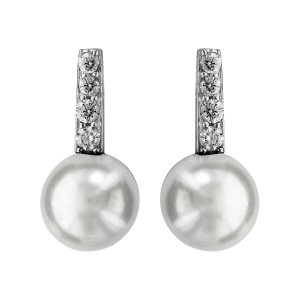 BOUCLES D'OREILLES TIGE ARGENT RHODIÉ PERLE SYNTHETIQUE BLANCHE ET 4 OXYDES BLANCS
