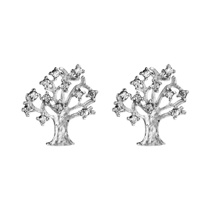 BOUCLES D'OREILLES TIGE ARGENT RHODIÉ ARBRE DE VIE OXYDES BLANCS SERTIS