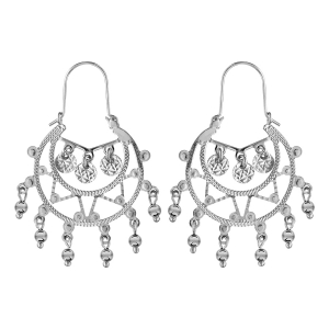 CRÉOLES ARGENT RHODIÉ ETHNIQUES 25 MM PAMPILLES BOULES ET RONDELLES MARTELEES