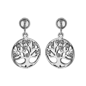 BOUCLES D'OREILLES TIGE ARGENT RHODIÉ RONDELLE ARBRE DE VIE PIERRES SYNTHETIQUE BLANCHES