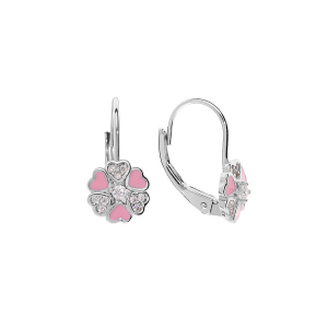 BOUCLES D'OREILLES ARGENT RHODIÉ DORMEUSE FORME FLEUR AVEC COEURS OXYDES BLANCS ET RÉSINE