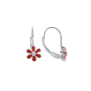 BOUCLES D'OREILLES ARGENT RHODIÉ DORMEUSE FLEUR RÉSINE ROUGE 1 OXYDE BLANC