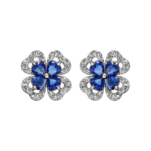 BOUCLES D'OREILLES TIGE ARGENT RHODIÉ TREFLE PIERRE SYNTHETIQUE BLEU ENTOURAGE OXYDES BLANCS SERTIS