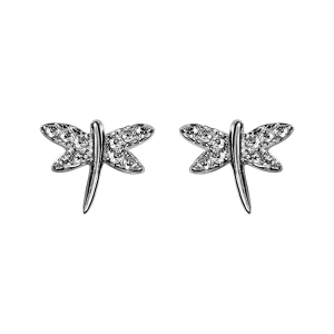 BOUCLES D'OREILLES TIGE ARGENT RHODIÉ LIBELLULE OXYDES BLANCS