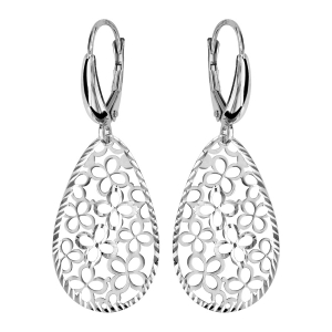 BOUCLES D'OREILLES ARGENT RHODIÉ DORMEUSE OVALE MOTIF FLEUR DECOUPE