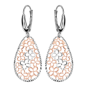 BOUCLES D'OREILLES ARGENT RHODIÉ DORMEUSE OVALE DORURE ROSE MOTIF FLEUR DECOUPE