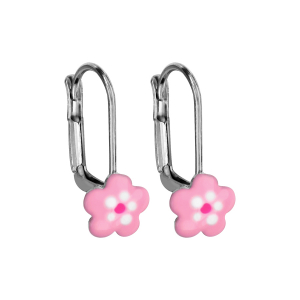 BOUCLES D'OREILLES ARGENT  RHODIÉ DORMEUSE FLEUR ROSE