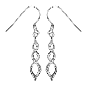 BOUCLES D'OREILLES CROCHET ARGENT RHODIÉ PENDANTES CROISEES OXYDES BLANCS SERTIS