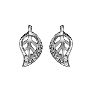 BOUCLES D'OREILLES TIGE ARGENT RHODIÉ PETITE FEUILLE OXYDES BLANCS SERTIS