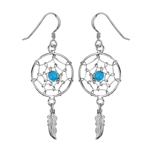 BOUCLES D'OREILLES ARGENT RHODIÉ CROCHET ATTRAPE REVE 18MM 1 BOULE TURQUOISE SYNTHETIQUE ET PLUME
