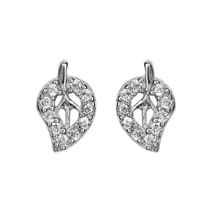 BOUCLES D'OREILLES TIGE ARGENT RHODIÉ FEUILLE OXYDES BLANCS SERTIS