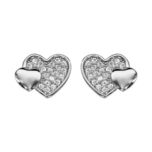 BOUCLES D'OREILLES TIGE ARGENT RHODIÉ DOUBLE COEUR PAVE OXYDES BLANCS ET LISSE