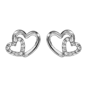 BOUCLES D'OREILLES TIGE ARGENT RHODIÉ DOUBLE COEUR CROISE OXYDES BLANCS