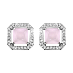 BOUCLES D'OREILLES TIGE ARGENT RHODIÉ FORME CARRÉ PIERRE ROSE SYNTHETIQUE ET OXYDES
