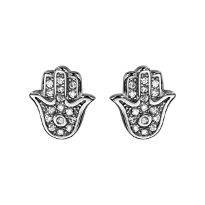 BOUCLES D'OREILLES TIGE ARGENT RHODIÉ MAIN DE FATMA OXYDES BLANCS