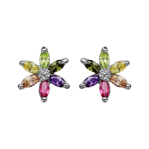 BOUCLES D'OREILLES TIGE ARGENT RHODIÉ FLEUR PIERRES MULTICOLORES