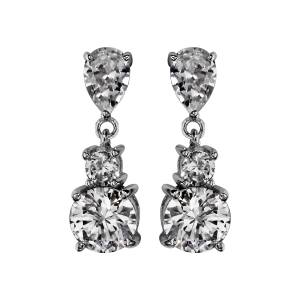 BOUCLES D'OREILLES TIGE ARGENT RHODIÉ PENDANTE 3 OXYDES BLANCS SERTIS