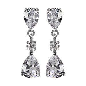 BOUCLES D'OREILLES TIGE ARGENT RHODIÉ 3 OXYDES BLANCS SERTIS 2 FORME GOUTTE