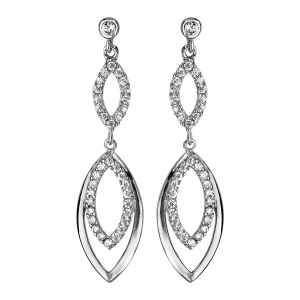 BOUCLES D'OREILLES TIGE ARGENT RHODIÉ PENDANTE 2 MOTIFS OVALES OXYDES BLANCS SERTIS