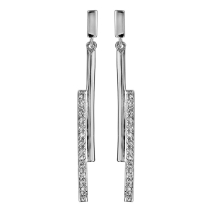BOUCLES D'OREILLES TIGE ARGENT RHODIÉ PENDANTE BATONS OXYDES BLANCS SERTIS