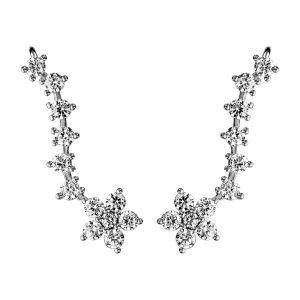 BOUCLES D'OREILLES DE LOBE ARGENT RHODIÉ FLEUR ET TIGE OXYDES BLANCS SERTIS