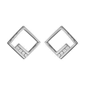 BOUCLES D'OREILLES TIGE ARGENT RHODIÉ FORME CARRÉ AJOURE OXYDES BLANCS SERTIS