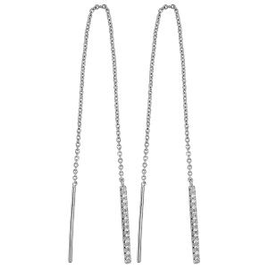 BOUCLES D'OREILLES TIGE ARGENT RHODIÉ PENDANTE BATON CHAINETTE OXYDES BLANCS SERTIS