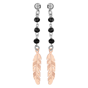 BOUCLES D'OREILLES TIGE ARGENT RHODIÉ PENDANTE PERLES SYNTHETIQUE NOIRES ET 1 PLUME DORURE ROSE