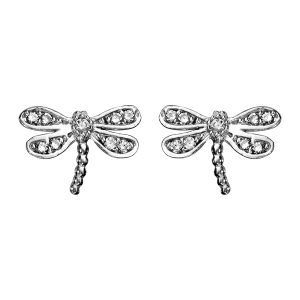BOUCLES D'OREILLES TIGE ARGENT RHODIÉ LIBELLULE OXYDES BLANCS SERTIS