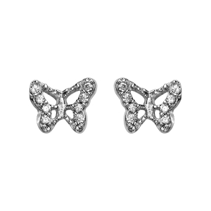 BOUCLES D'OREILLES TIGE ARGENT RHODIÉ PAPILLON OXYDES BLANCS SERTIS