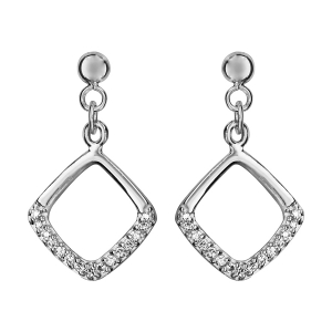 BOUCLES D'OREILLES TIGE ARGENT RHODIÉ PENDANTE MOTIF CARRÉ AJOURE OXYDES BLANCS SERTIS