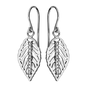 BOUCLES D'OREILLES ARGENT RHODIÉ CROCHET FEUILLE OXYDES BLANCS SERTIS