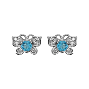 BOUCLES D'OREILLES TIGE ARGENT RHODIÉ PAPILLON OXYDES BLANCS ET PIERRES CENTRALE BLEU CIEL SYNTH