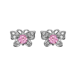 BOUCLES D'OREILLES TIGE ARGENT RHODIÉ PAPILLON OXYDES BLANCS ET PIERRES CENTRALE ROSE SYNTH