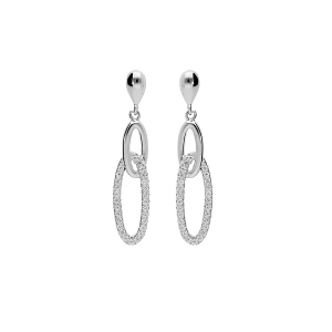 BOUCLES D'OREILLES TIGE ARGENT RHODIÉ PENDANTE 2 ANNEAUX ALLONGES OXYDES BLANCS